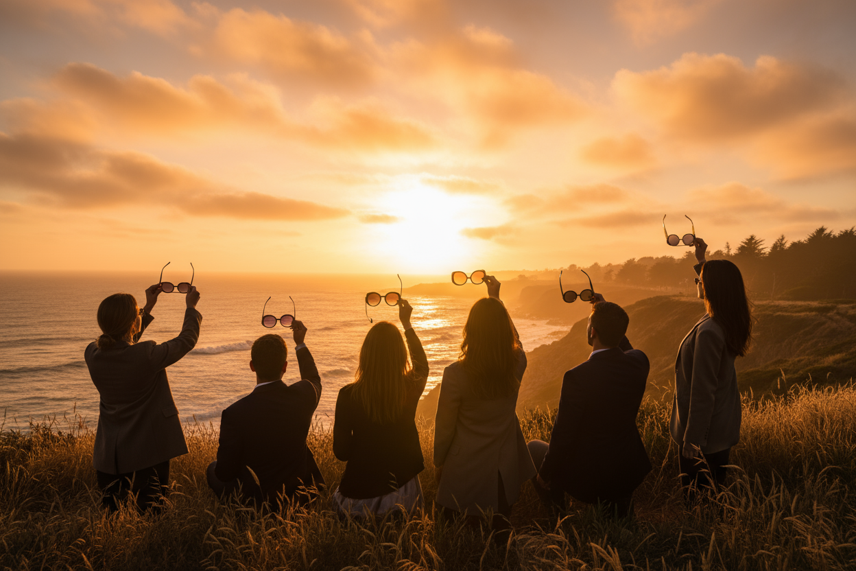 this is for the about us generate for me a picture where a group of people holding some glasses looking on the sun set and putting the lens on the sunset as if seeing a new color design 